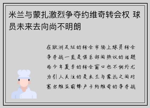 米兰与蒙扎激烈争夺约维奇转会权 球员未来去向尚不明朗